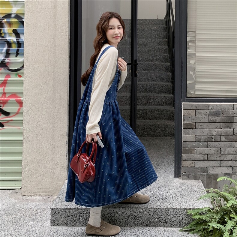 休闲T恤碎花牛仔背带连衣裙套装女春秋季2025新款学院风减龄裙子,女装套装/套裙,2C057