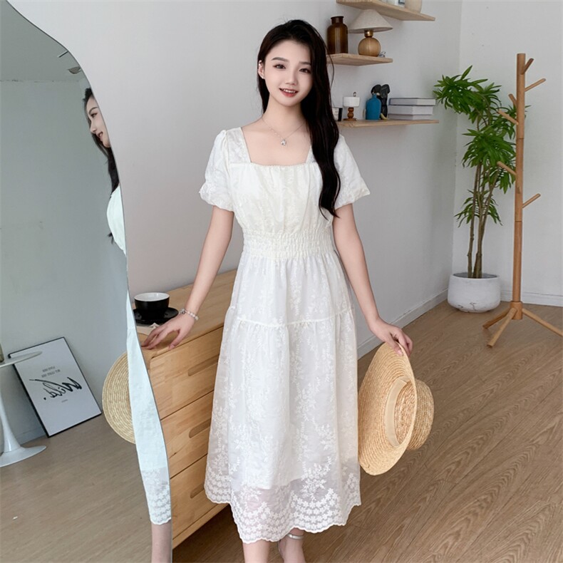 温柔风超好看法式泡泡袖长裙女夏季新款小个子蕾丝刺绣印花连衣裙,商品下架区,网红馆