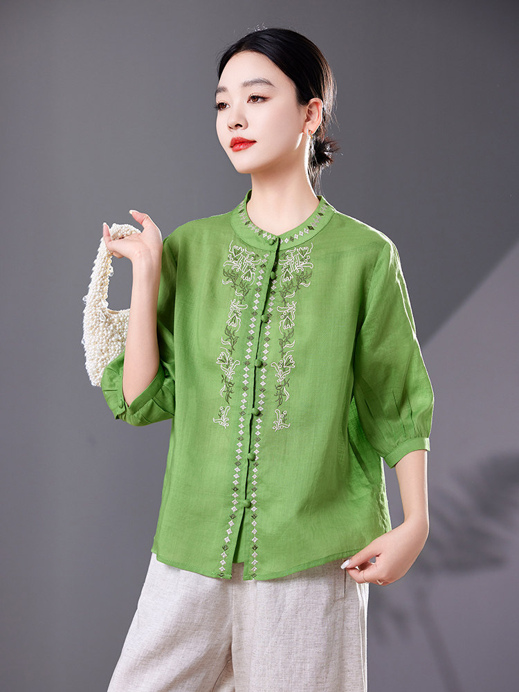 时尚刺绣苎麻衬衫女2025年夏季新款宽松大码中年妈妈减龄薄款上衣,女装衬衫,靓衣阁