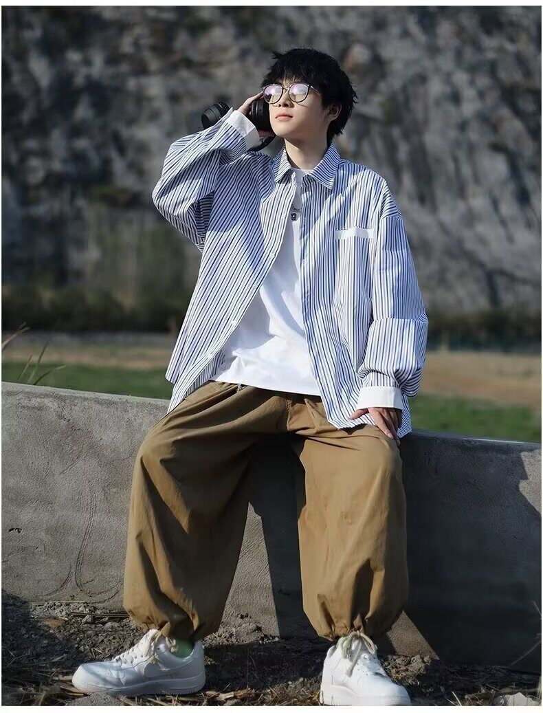 GS6138P40日系韩版条纹宽松长袖衬衫情侣春秋休闲百搭衬衣外套,男装衬衫,星座1108-5