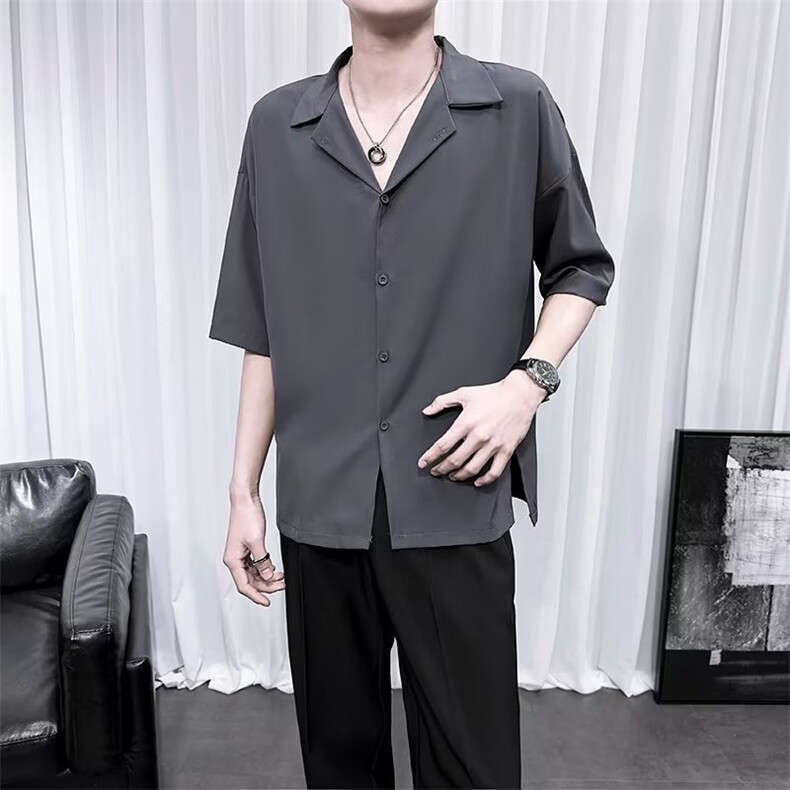 古巴领衬衫男短袖白色夏季潮牌高级薄款宽松休闲垂感冰丝衬衣D9,男装衬衫,星座1116A-2（原606A-1）