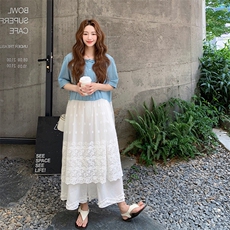 设计感蕾丝花边连衣裙套装女2025夏季新款超好看休闲阔腿裤两件套，女装套装/套裙，2D034