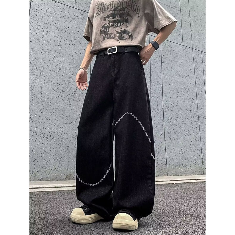 1506/Q77350/P43美式高街黑色牛仔裤男潮牌复古刺弯刀裤子,男装牛仔裤,星座1506
