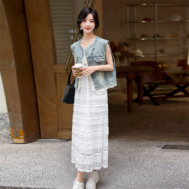 白色吊带裙牛仔马甲套装女2024夏季新款减龄洋气时尚连衣裙两件套,女装套装/套裙,流量+