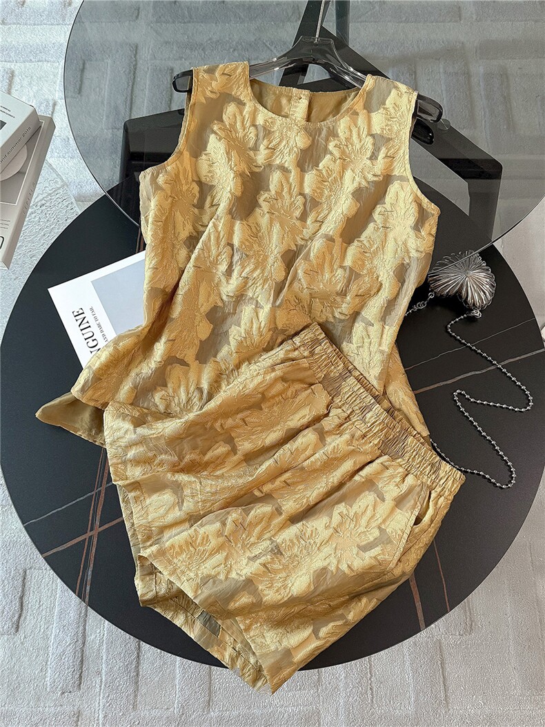 老钱风提花刺绣无袖上衣阔腿短裤两件套女夏新款法式温柔气质套装,女装套装/套裙,江南