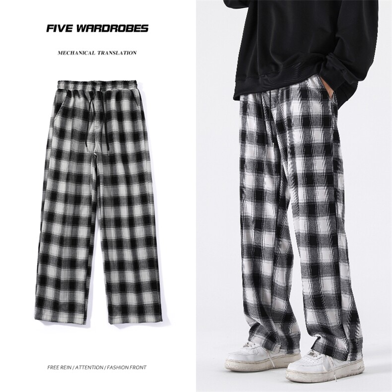 黑白格子裤子男直筒宽松ins情侣垂感潮休闲裤百搭帅气韩版老爹裤，男装休闲裤，电商A166