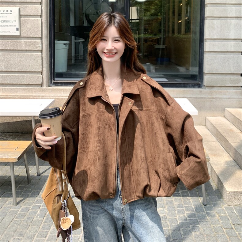 美拉德麂皮绒外套女2025秋季新款复古宽松时尚小个子机车风夹克潮,女装短外套,浙宝217