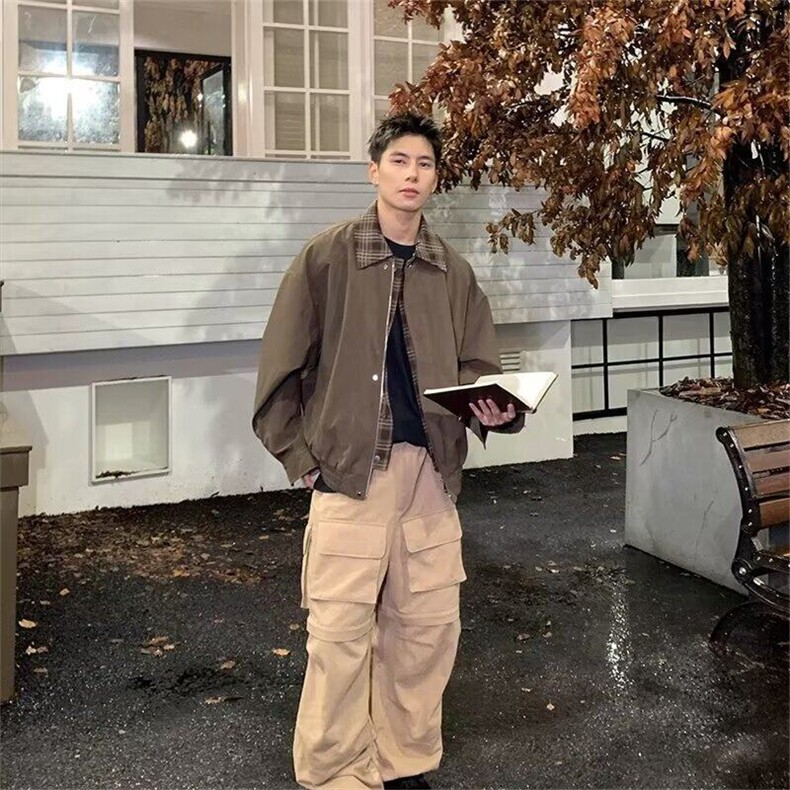 春秋美式复古翻领格子拼接假两件夹克男棒球服外套潮牌,男装夹克,星座716-4