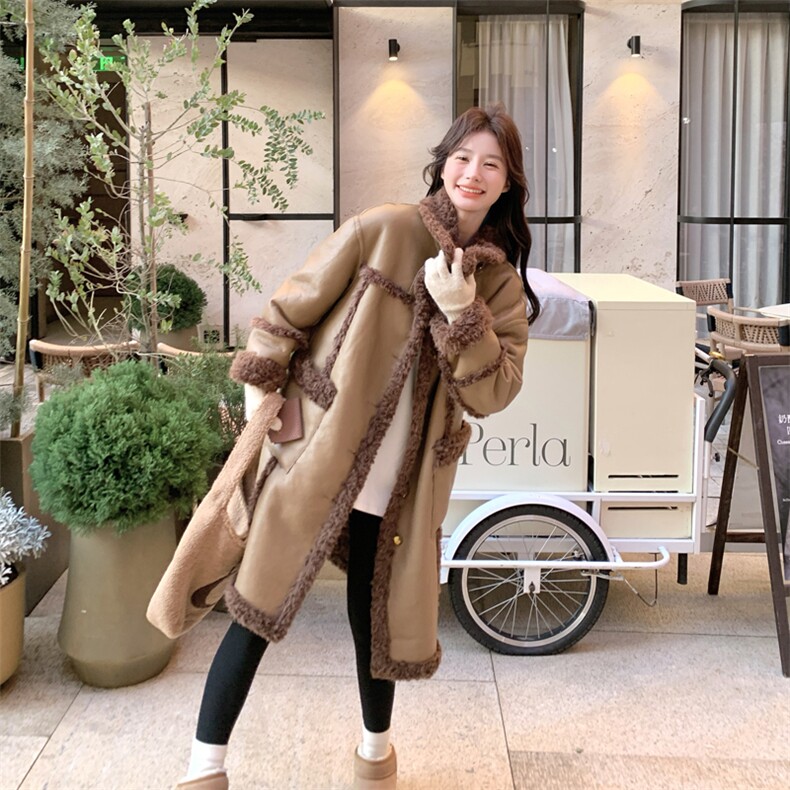 中长款羊羔毛外套女冬季新款韩系加绒加厚两面穿保暖皮毛一体大衣,女装毛呢外套,帛香坊