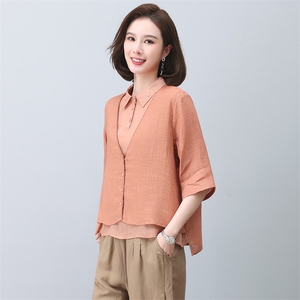 时尚休闲棉麻女2025夏季新款中年妈妈苎麻衬衫减龄亚麻图片