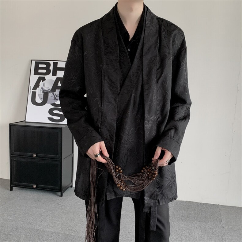 春装2025复古新中式飘带竹子提花叠层长袖衬衫大码男女外套汉服图片