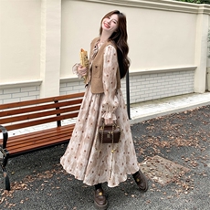 氛围感气质套装裙女2025秋季新款超好看复古马甲波点连衣裙两件套，女装套装/套裙，2C258