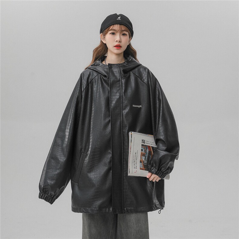1中性连帽鳄鱼纹PU皮大码M-5XL情侣冲锋衣夹克男JK8744P90控128,男装夹克,星座226-2