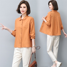 三年不下架衬衫女2024春秋新款中老年薄款宽松长袖棉麻衬衣双排扣，女装衬衫，璐依舞