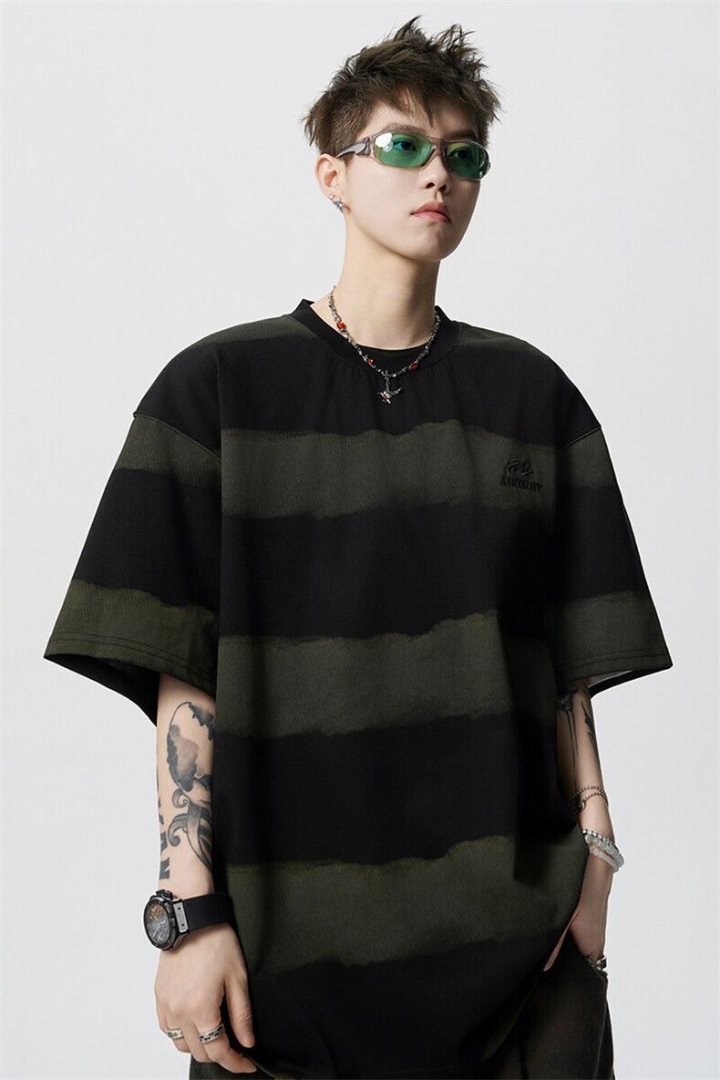 8XL-M高品质纯棉扎染条纹短袖T恤男宽松美式复古半袖情侣DX339,男装T恤,电商D206-1