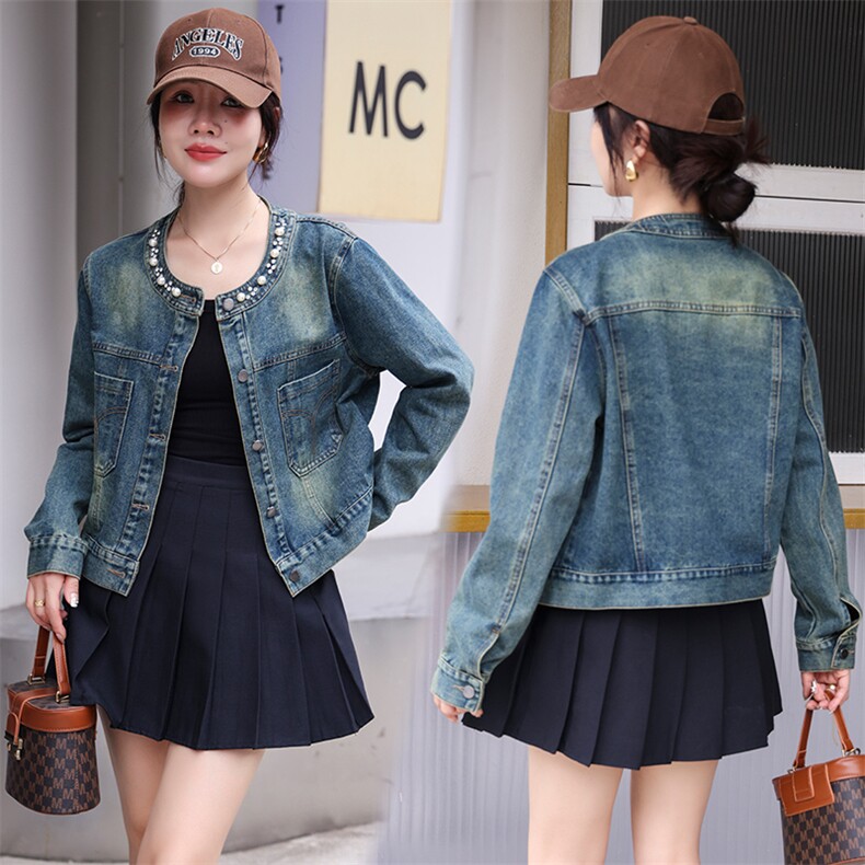 韩版圆领长袖短款牛仔外套女早秋新款高级感订珠小个子街头短外套，女装牛仔外套，潮流依族