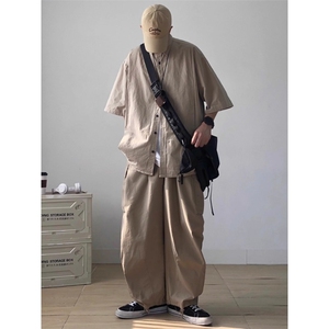 夏季日系复古cityboy工装短袖衬衫男女学生宽松慵懒廓形帅气衬衣图片