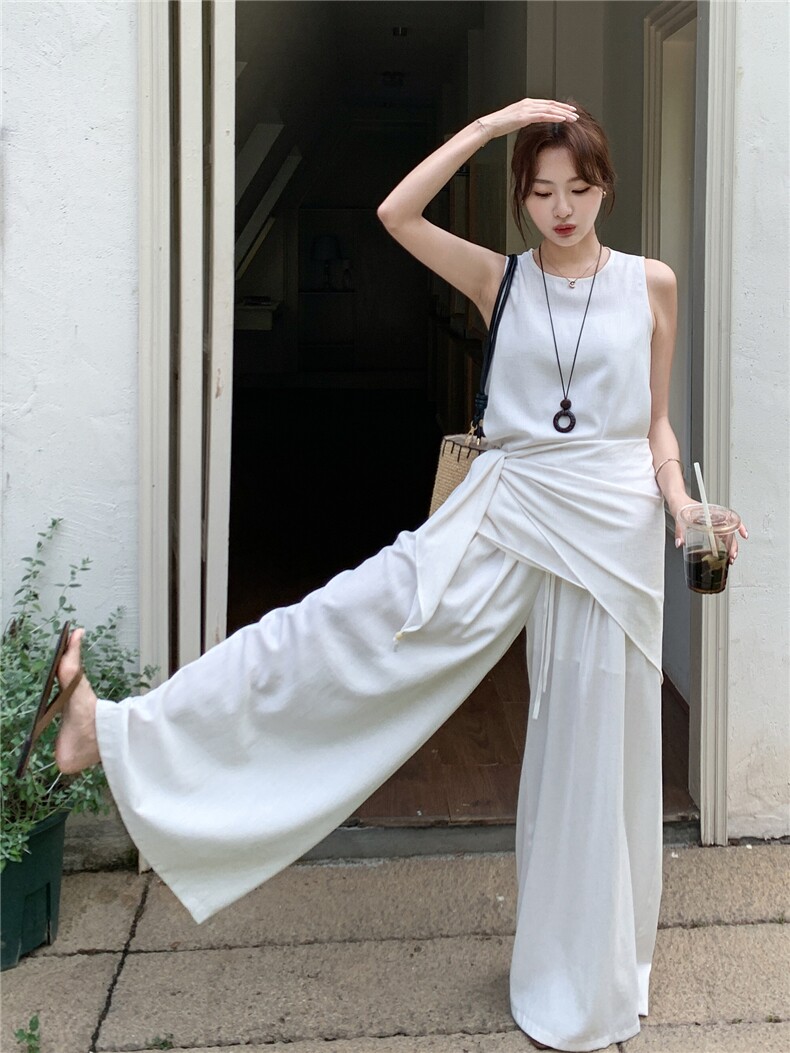套装女新款流行无袖上衣阔腿裤巨好看的夏装三件套,女装套装/套裙,秀美人生