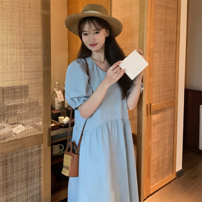 浅蓝色泡泡袖v领连衣裙女2024夏季新款法式简约气质宽松过膝长裙,女装连衣裙,浙宝192（原082）