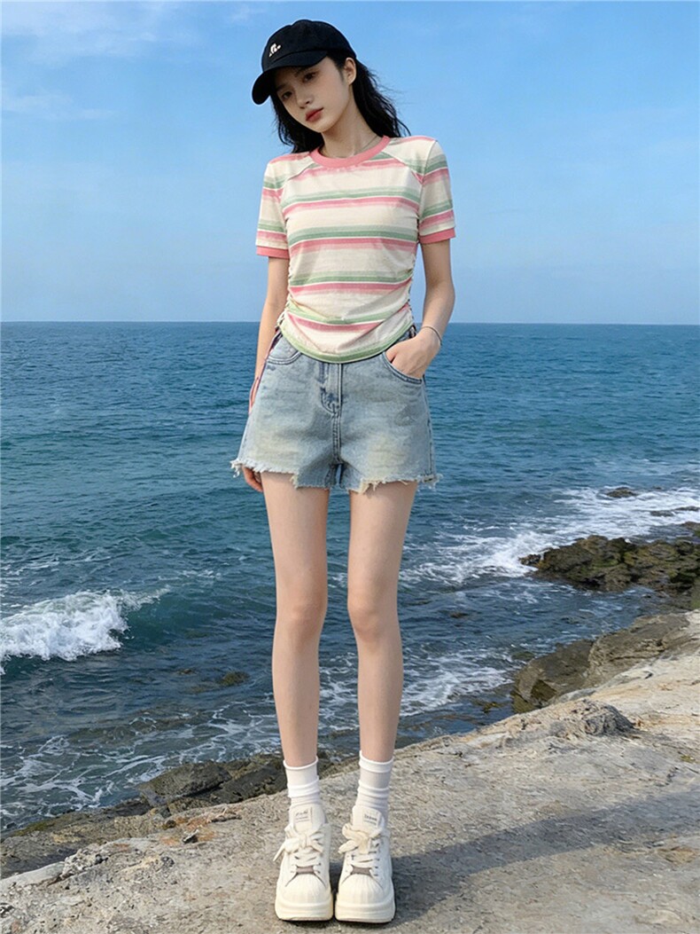 女夏季新款韩版运动休闲套装修身显瘦圆领条纹短袖牛仔短裤两件套,女装套装/套裙,江南