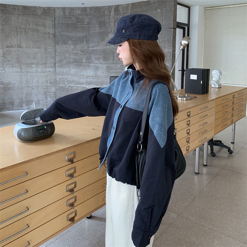撞蓝色复古拼接牛仔外套2025新款女秋季韩系chic立领短款夹克上衣,女装短外套,1C071-1