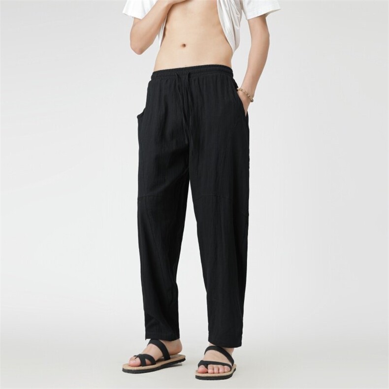 2025夏季冰丝风棉麻休闲裤宽松哈伦裤民族风A057-K381-P45，男装民族服装，电商A057B