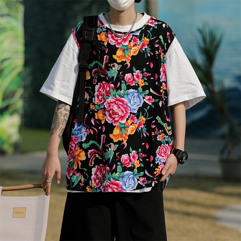 MJ04夏新男士休闲透气凉爽坎肩无袖马甲男女团队服东北大花喜庆潮图片