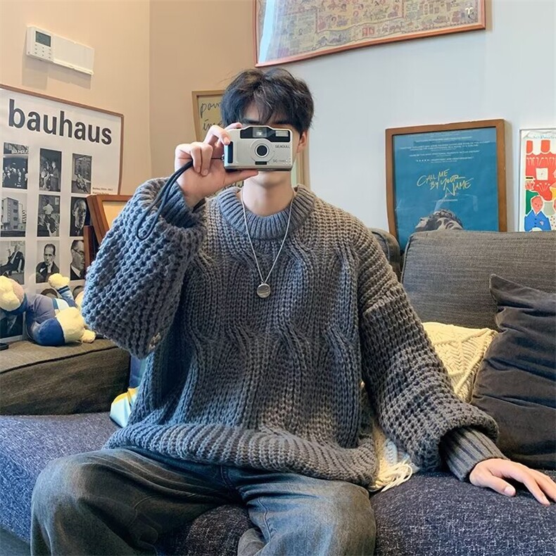 B303 P52秋季拼色圆领毛衣男美式复古潮牌宽松图片