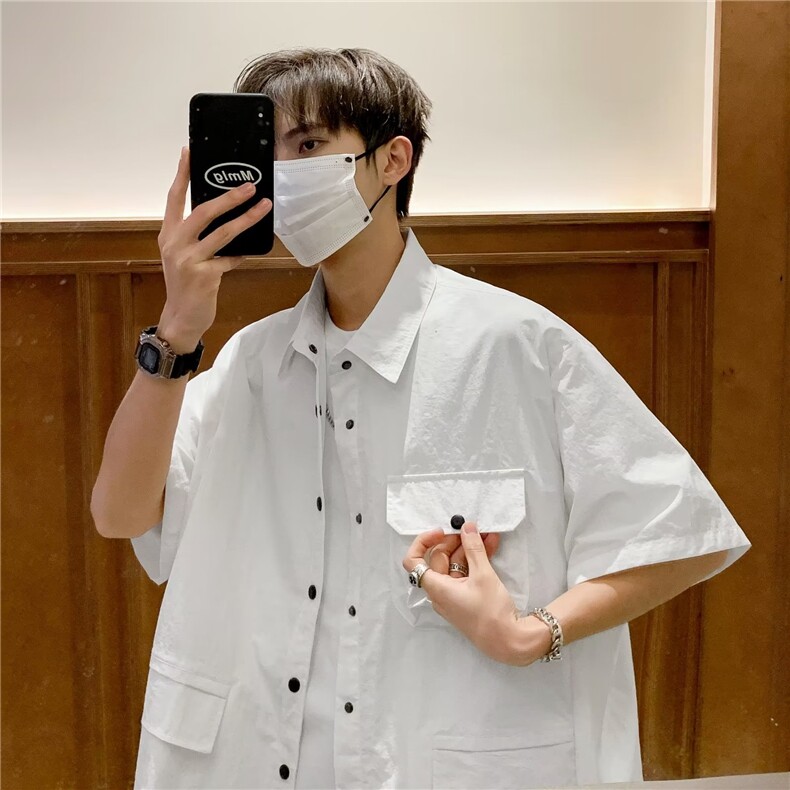 日系复古工装衬衫男短袖t恤夏季薄款半袖衬衣男tee百搭休闲上衣男,男装T恤,星座506A