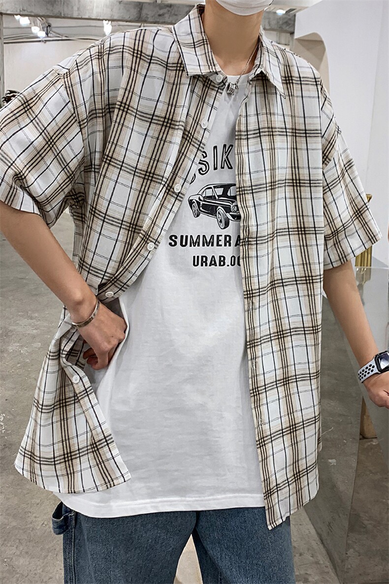 21年夏季短袖衬衫男宽松落肩港风格子衬衫男DS-C407-CS309-P35,男装衬衫,电商C323-1