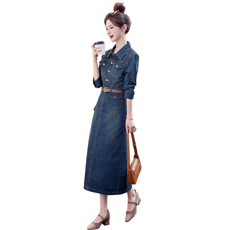 （新款现货）2025春装时尚休闲复古色不对称牛仔连衣裙(配腰带）,女装连衣裙,1D060