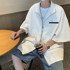 双拉链衬衫短袖男夏季高级感美式复古外套oversize华夫格冰丝衬衣，男装衬衫，星座505-2（原电商A260-1)
