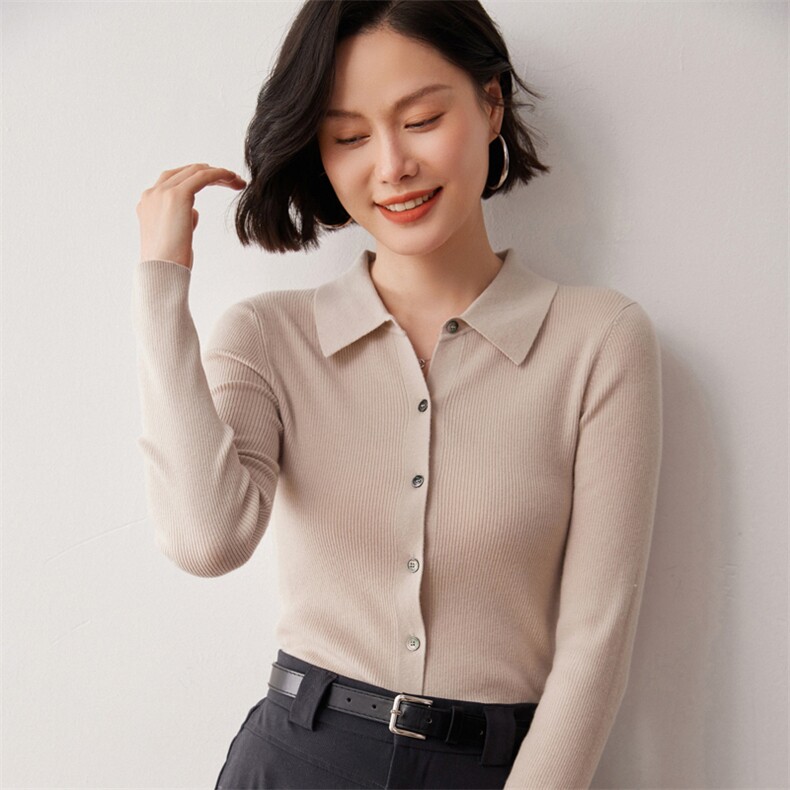 秋冬新款洋气时尚百搭显瘦女款POLO领35%山羊绒开衫,女装羊绒衫,艾巧羊绒
