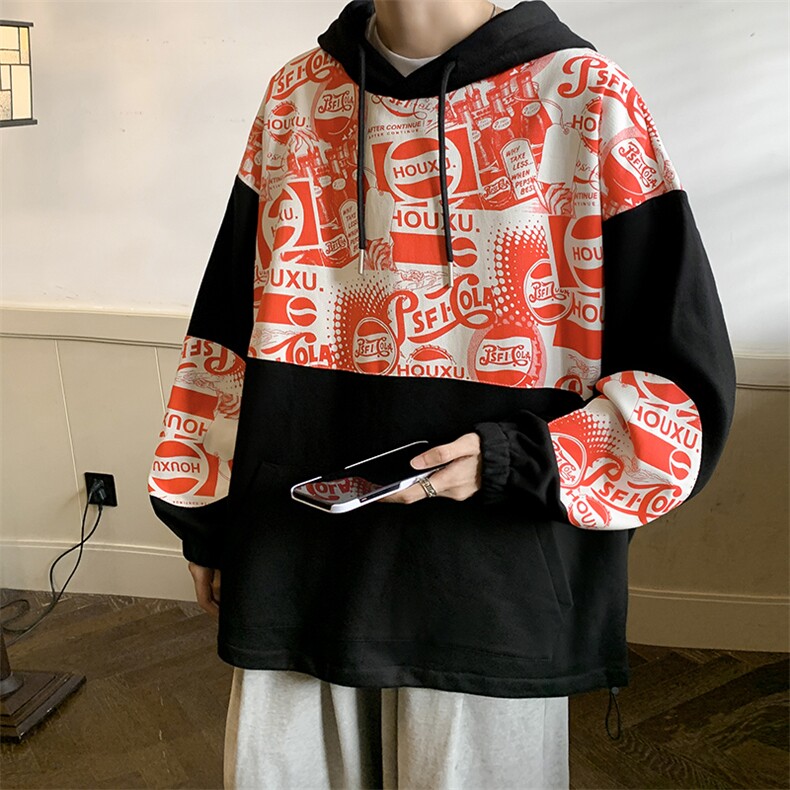 特P50高品质纯棉2026春秋冬拼接复古连帽卫衣男潮流上衣XW221,男装卫衣,电商B370