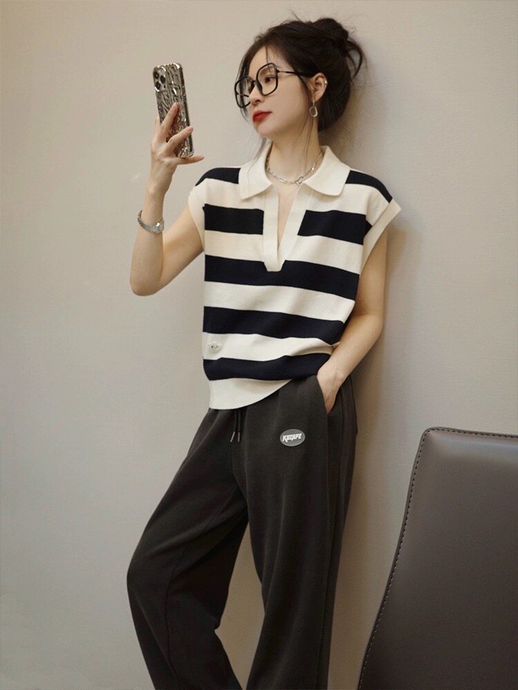 慵懒宽松翻领套头精纺羊毛无袖背心马甲女休闲条纹春秋季针织坎肩,针织衫/毛衣,雪真羊绒