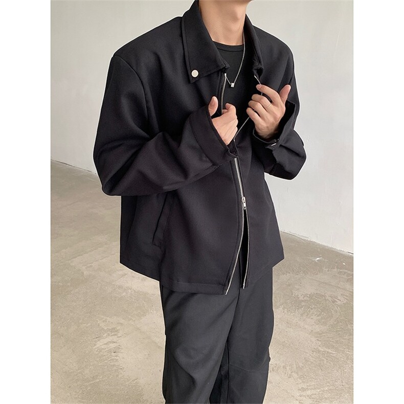 LY0757-P55网图黑色夹克潮牌秋冬新款美式复古纯色翻领外套上衣服,男装夹克,电商C233