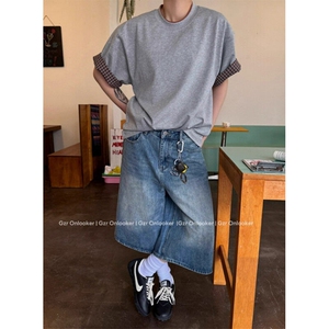 夏季纯棉撞色格子翻边设计短袖男女同款文艺时尚休闲T恤上衣 T011图片
