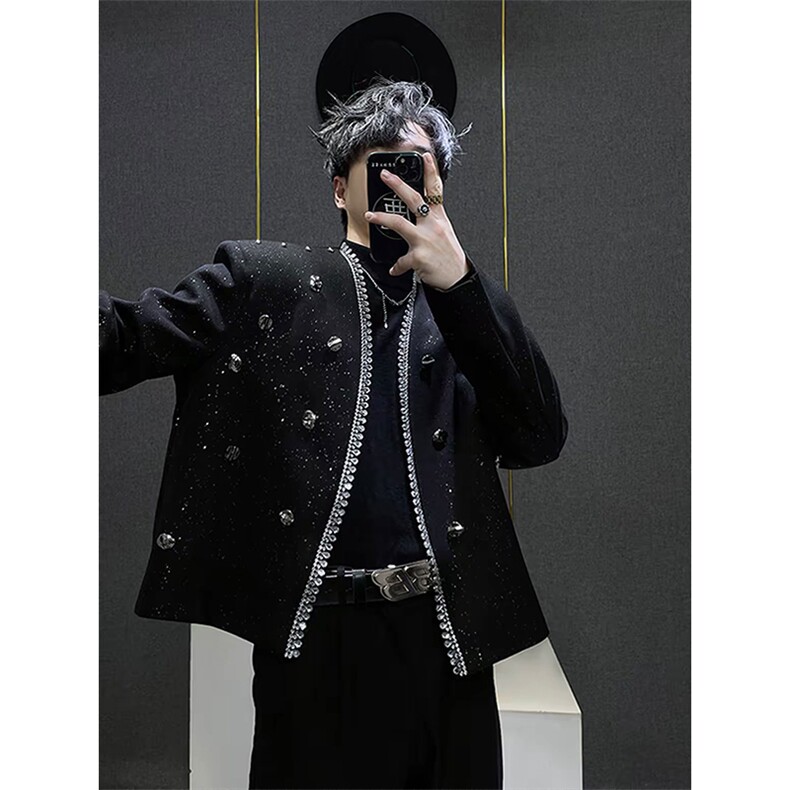 网图短款西装外套男满天星细闪柳钉手工钻设计感宽松西服XZ19P148，男装西服套装，星座512-1（原513-3）