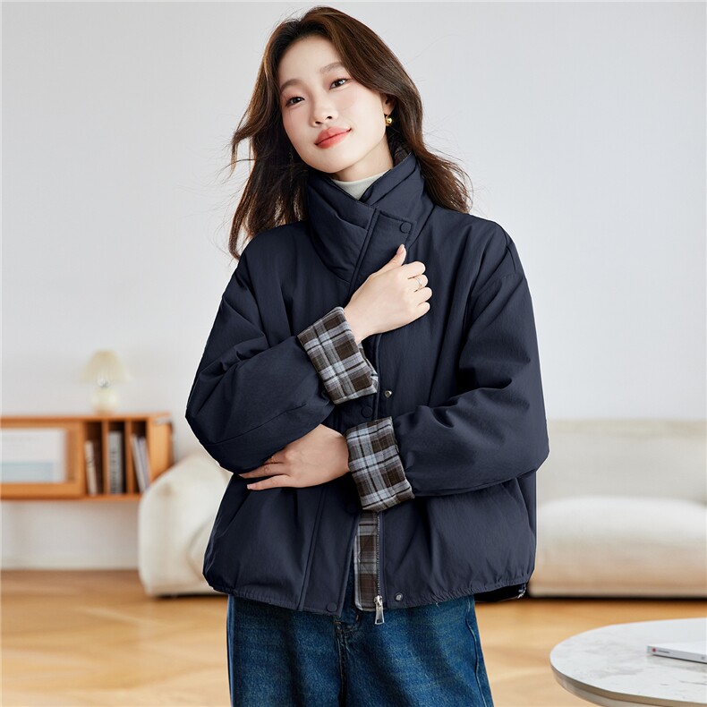 2025年冬季新款格纹拼接百搭棉衣加厚保暖,女装棉衣/棉服,忆绮罗