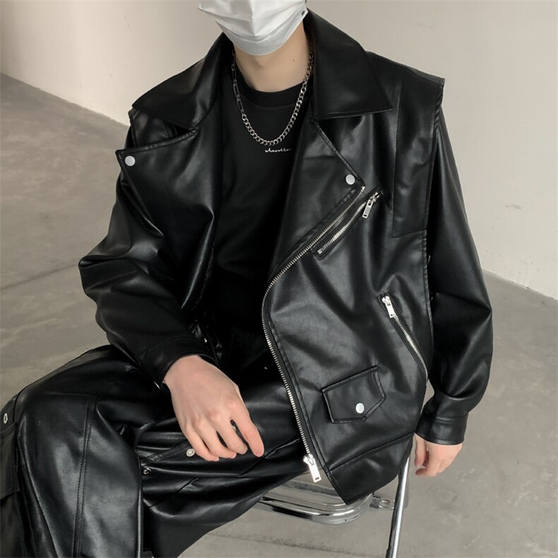 美式cleanfit潮酷PU皮机车夹克男宽松翻领外套PY05-P135图片