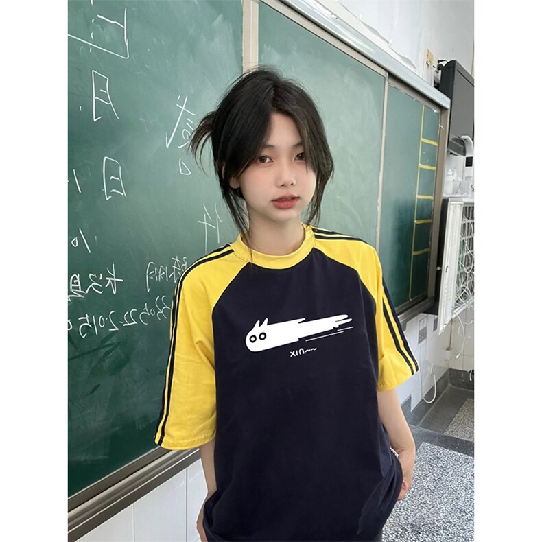 夏季美式高街重磅纯棉三条杠织带插肩撞色男女短袖T恤CZ196-特P25,男装T恤,电商A486