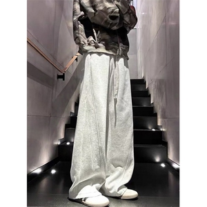 白灰色运动休闲裤男秋美式复古vibe直筒长裤拼接阔腿裤子 KK28图片