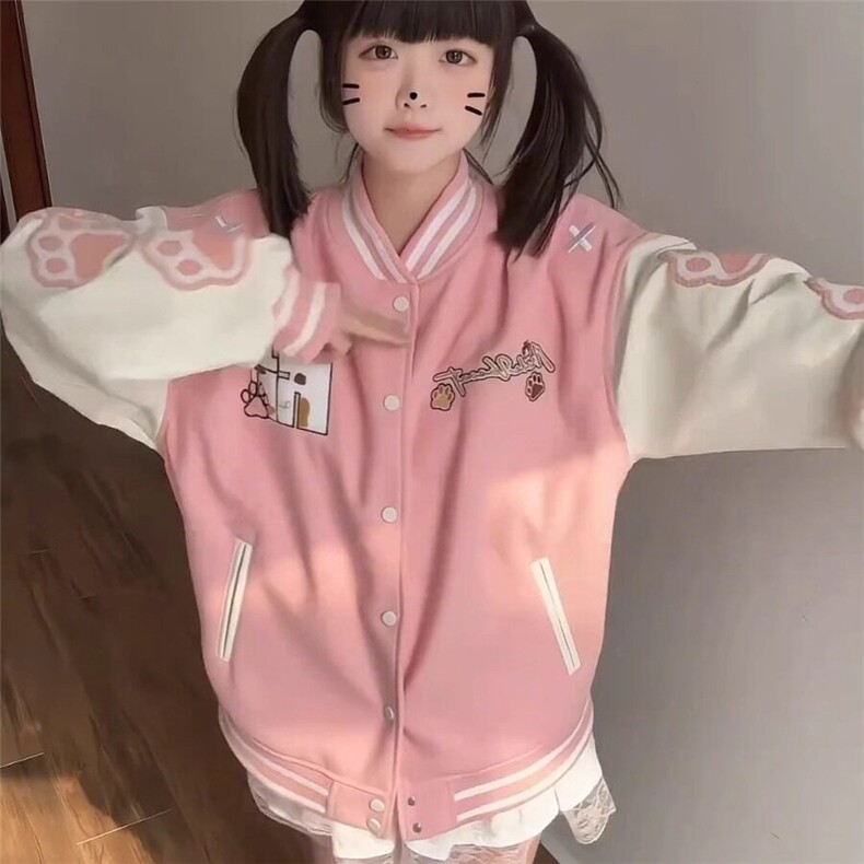 龙凤棉+PU美式复古猫爪刺绣撞色棒球服慵懒风宽松百搭外套,男装夹克,星座506A