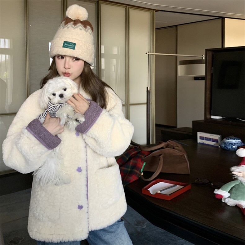米白色超好看羊羔毛外套2024新款女冬甜美减龄短款皮毛一体棉服，女装毛呢外套，帛香坊