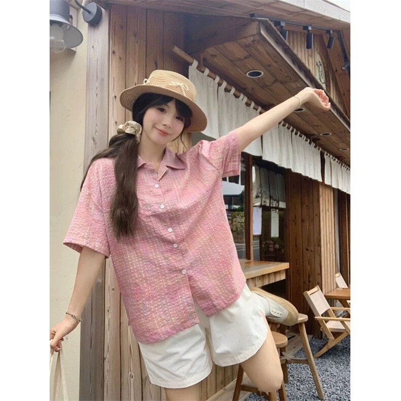 TC534-P45多巴胺设计感格纹翻领短袖衬衫气质百搭休闲上衣潮，女装衬衫，星座617A-2