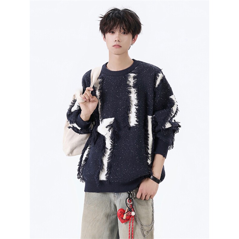 毛边设计个性潮搭上衣时髦气质不规则撕裂毛须毛衣HY833TP55控88，男装针织衫/毛衣，电商A102B
