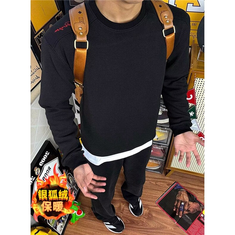 网图蜂窝刺绣卫衣圆领华夫格银狐加绒t恤A025-LW1795-P38加绒48,男装T恤,电商A025