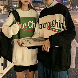 703-W220 秋季情侣宽松拼色不对称圆领休闲卫衣女装类目图片