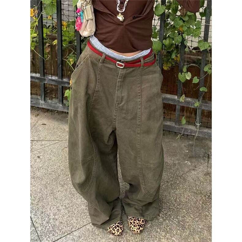 大码美式复古廓形拼接弯刀牛仔裤女复古vibe高街宽松设计感阔腿裤,男装牛仔裤,星座506A