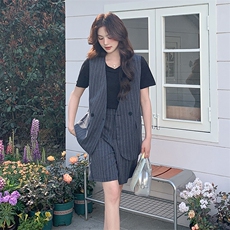 2C085-Q070P170短袖T恤时尚西装马甲短裤三件套控248现货，女装套装/套裙，2C085